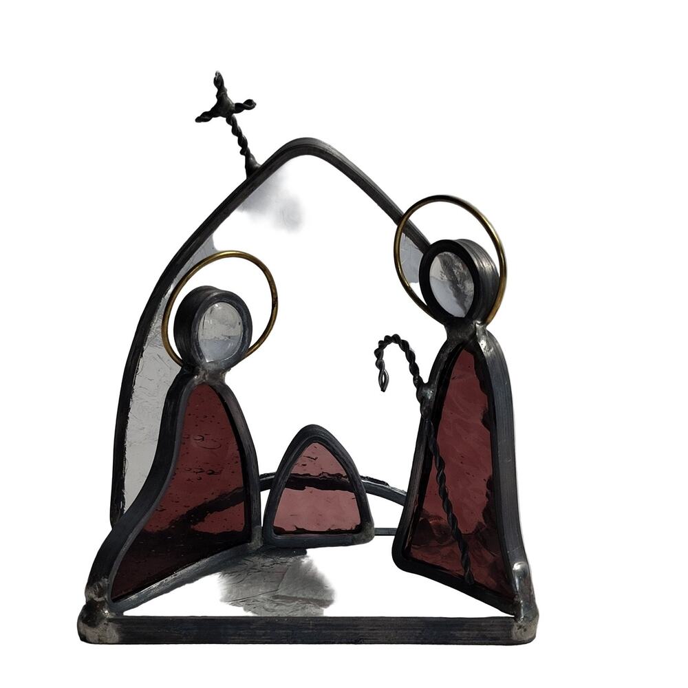 Nativity Scene Stained Glass Shelf Decor Handmade Style Cross Purple Mauve